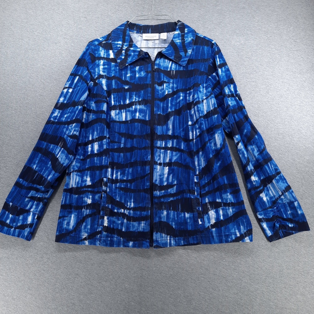 Weekends By Chicos Jacket Womens 2 US L-12 Blue Stripe Knit Full Zip Cotton